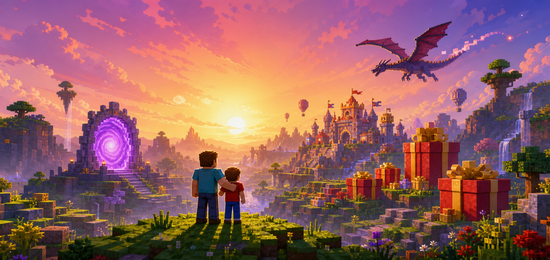 A father and son looking across a bright voxel adventure world toward a portal, presents, castle, and flying dragon